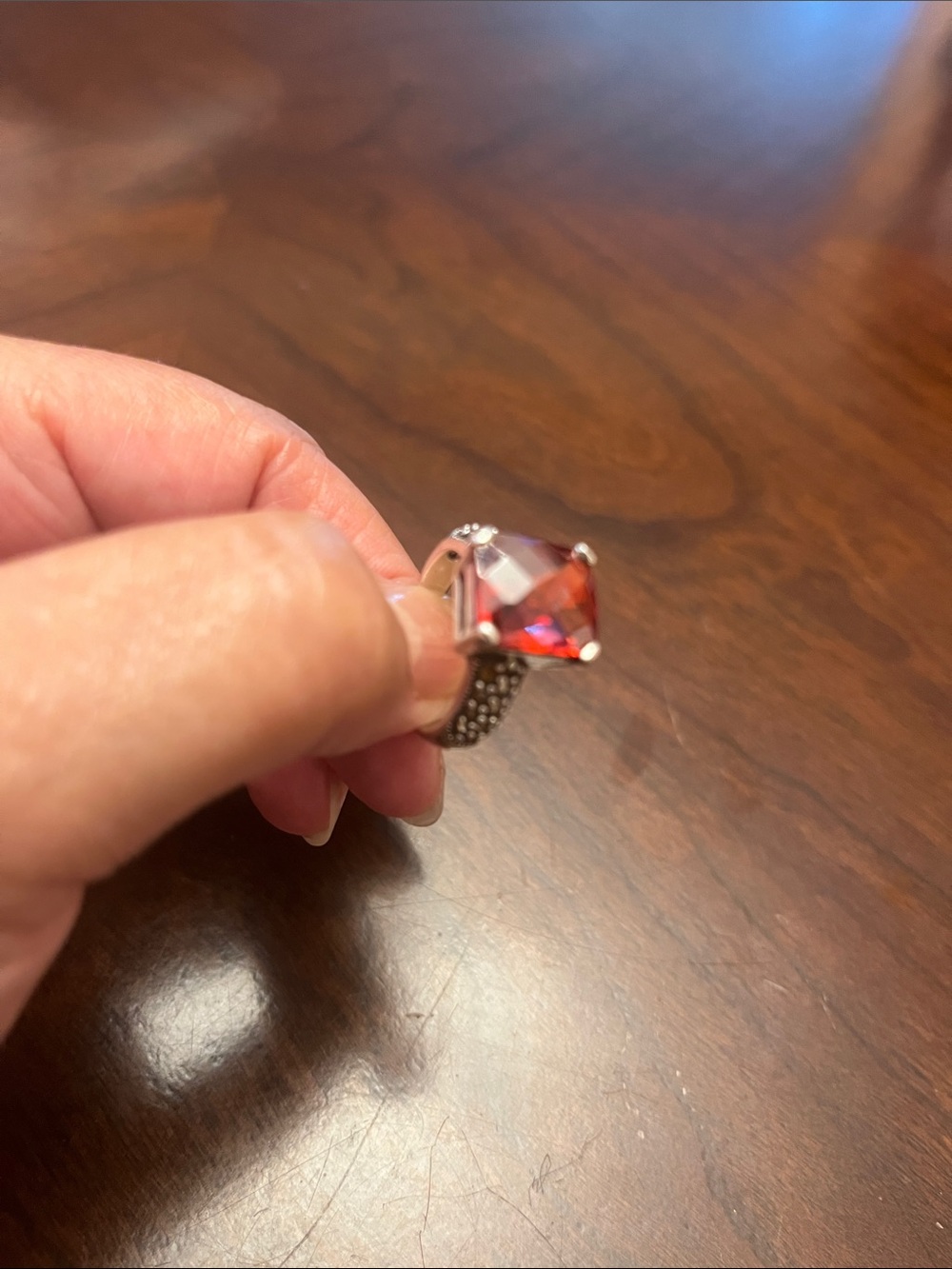 Sterling Silver Ring with Red Cushion-Cut Gemstone